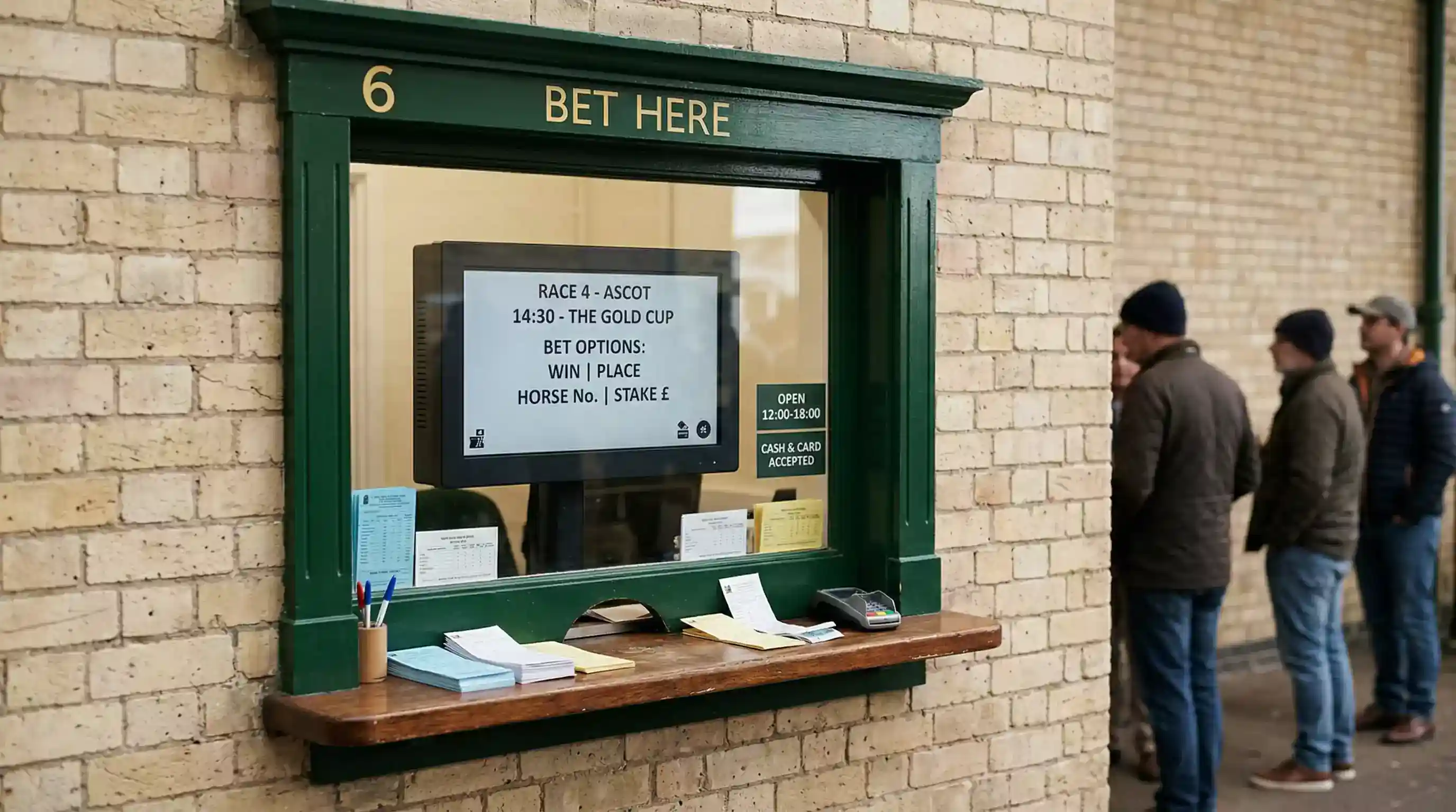 Tote betting window at a UK racecourse showing pool bet options for forecast and tricast wagers