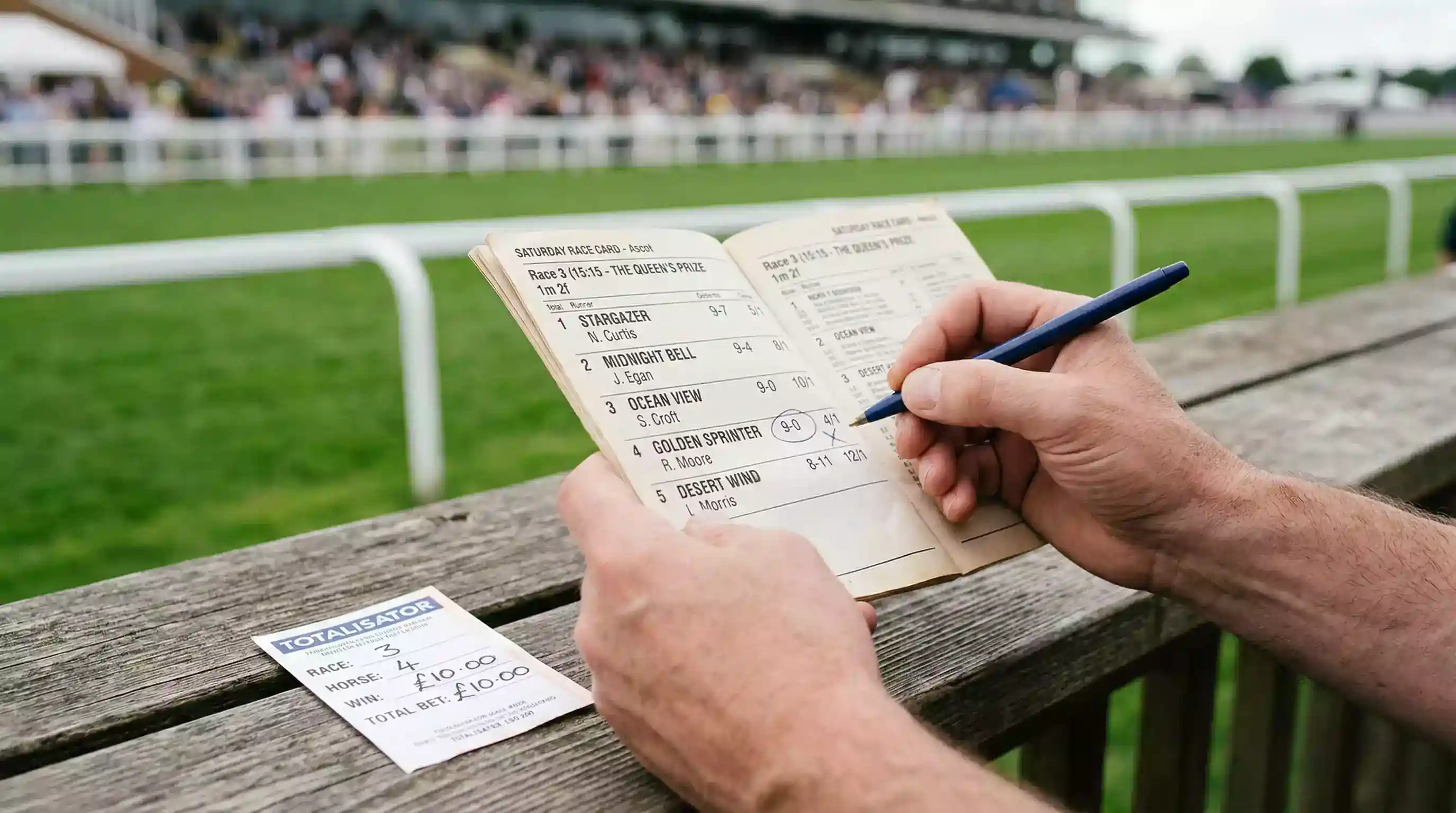 Punter studying a race card at a UK racecourse before placing a wheel bet