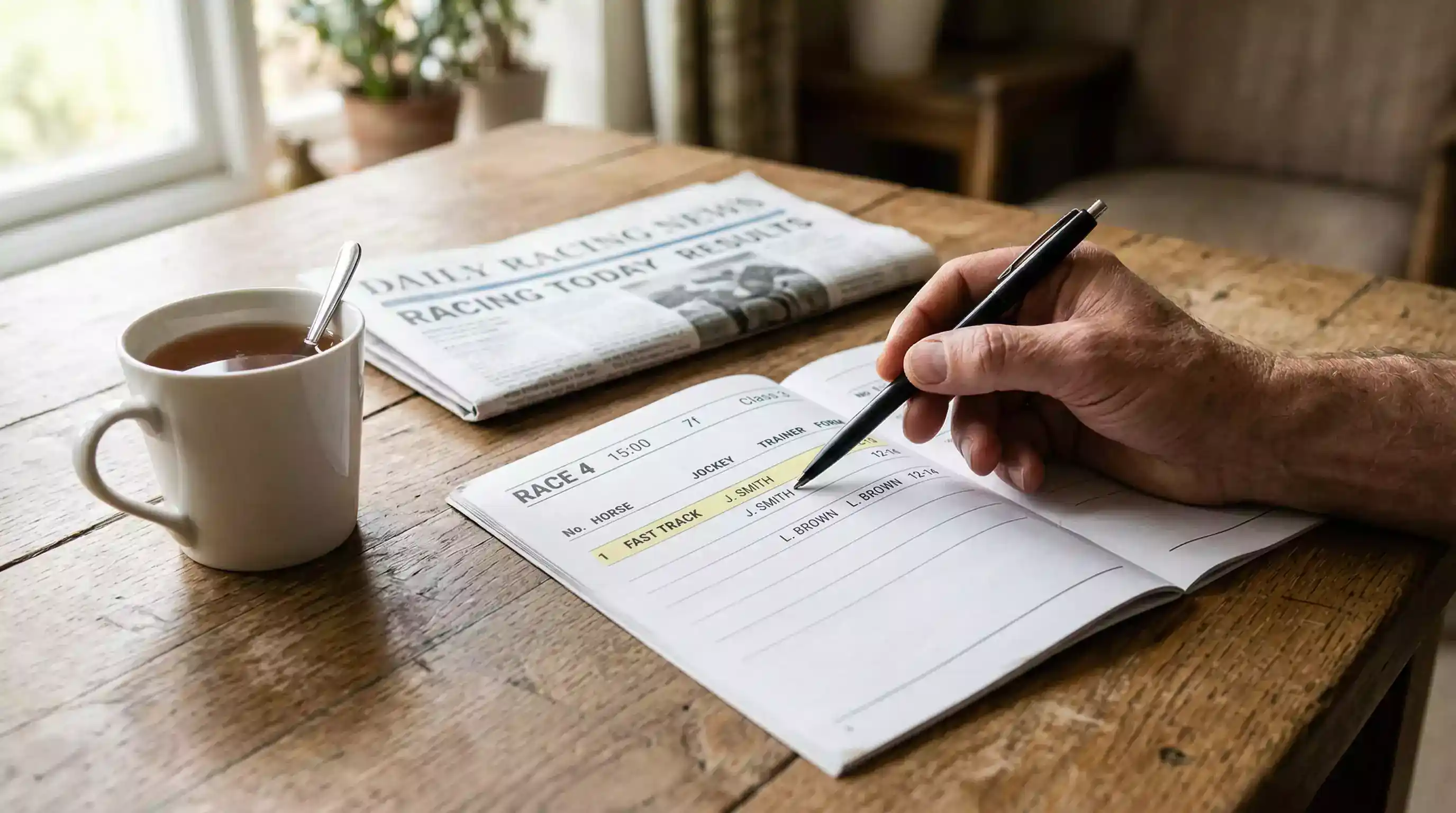 Racing form guide and pen on a table at a UK racecourse with a race programme open to the runners page